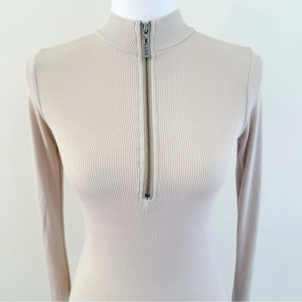 JOAH BROWN BEIGE TAN RIBBED HALF ZIP MOCK NECK LONG SLEEVE TOP - Picture 5 of 13